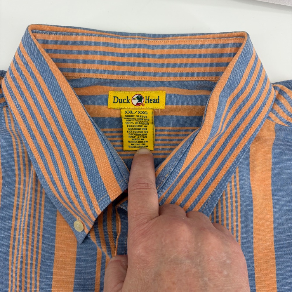 Duck Head Mens XXL Short Sleeve Button Down Shirt Orange Blue Striped Cotton